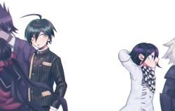 Rule 34 | 1girl, 4boys, :d, ahoge, arms up, black jacket, breast pocket, brown eyes, buttons, checkered clothes, checkered neckwear, checkered scarf, commentary request, cowboy shot, danganronpa (series), danganronpa v3: killing harmony, double-breasted, esu (tasoesu), facing to the side, hair between eyes, hair ornament, hair scrunchie, hair up, harukawa maki, highres, jacket, k1-b0, long sleeves, looking at another, looking back, male focus, medium hair, momota kaito, multiple boys, oma kokichi, open mouth, pants, pocket, red scrunchie, red shirt, saihara shuichi, scarf, scrunchie, shirt, short hair, simple background, smile, spiked hair, straitjacket, striped clothes, striped jacket, vertical stripes, white background, white jacket