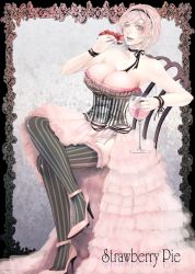 Rule 34 | 1girl, bare shoulders, breasts, chair, choker, cleavage, corset, crossed legs, cup, dessert, dress, drinking glass, food, fruit, hairband, high heels, highres, large breasts, legs, long legs, nicole pmonachi, open mouth, original, pie, pink hair, shoes, short hair, sitting, solo, strawberry, striped clothes, striped thighhighs, thighhighs, thighs, vertical-striped clothes, vertical-striped thighhighs, wine glass