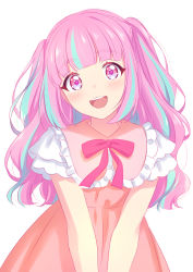 Rule 34 | 1girl, absurdres, aikatsu! (series), aikatsu planet!, ann (aikatsu!), bad id, bad twitter id, blue hair, blunt bangs, blush, dress, frilled sleeves, frills, highres, multicolored hair, neck ribbon, open mouth, pink dress, pink eyes, pink hair, pink ribbon, ribbon, round teeth, sekina, simple background, smile, solo, teeth, two-tone hair, two side up, upper body, white background