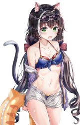 Rule 34 | 1girl, absurdres, animal ear fluff, animal ears, arms behind back, bare shoulders, bikini, bikini under clothes, black hair, blush, bow, breasts, cat ears, cat girl, cat tail, cleavage, collarbone, cowboy shot, eyewear on head, fang, frilled innertube, front-tie top, green eyes, hair bow, halterneck, highres, holding, holding swim ring, innertube, jacket, karyl (princess connect!), karyl (summer) (princess connect!), long hair, looking at viewer, low twintails, medium breasts, multicolored hair, navel, open clothes, open fly, open jacket, open mouth, open shorts, princess connect!, purple jacket, short shorts, shorts, skin fang, solo, stomach, streaked hair, sunglasses, swim ring, swimsuit, tail, tail raised, tearing up, twintails, white background, white hair, white shorts, zeroillya