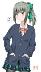 Rule 34 | 10s, 1girl, blunt bangs, bow, commentary request, folded ponytail, green hair, hair bow, hands in pockets, highres, kantai collection, long hair, long sleeves, looking at viewer, musical note, pantyhose, plaid, plaid skirt, quaver, school uniform, shirt, sidelocks, sketch, skirt, smile, solo, speech bubble, spoken musical note, sweater, yano toshinori, yellow eyes, yuubari (kancolle)