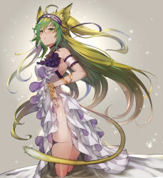 Rule 34 | 1girl, ahoge, alternate costume, animal ears, armlet, atalanta (fate), bare shoulders, blush, bracelet, cat ears, cat tail, choker, closed mouth, clothes lift, commentary request, cosplay, dress, fate/grand order, fate (series), floating lights, frills, from side, gradient hair, green eyes, green hair, hair ornament, highres, jewelry, kakage, legs, long hair, multicolored hair, skirt, skirt lift, stheno (cosplay), stheno (fate), tail, thighs, two-tone hair, very long hair, white dress
