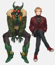 Rule 34 | 2boys, armor, armored boots, ashihara ryo, bbbb fex, black pants, black sweater, blonde hair, boots, buttons, chain, dual persona, expressionless, fur trim, green armor, green footwear, hand in pocket, highres, invisible chair, jacket, jewelry, kamen rider, kamen rider agito (series), kamen rider gills, male focus, multiple boys, necklace, pants, red eyes, red footwear, red jacket, rider belt, shoes, short hair, sitting, sneakers, sweater