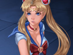 Rule 34 | 1girl, bishoujo senshi sailor moon, blonde hair, blue eyes, blue sailor collar, breasts, choker, circlet, cleavage, collarbone, crescent, crescent earrings, derivative work, earrings, eyelashes, hair over shoulder, heart, highres, holy meh, jewelry, lips, long hair, looking up, meme, parted bangs, parted lips, red choker, sailor collar, sailor moon, sailor moon redraw challenge (meme), sailor senshi uniform, solo, teeth, tile floor, tiles, twintails, upper body