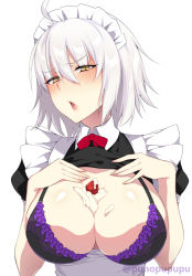 Rule 34 | 1girl, ahoge, apron, black bra, black dress, blush, bra, breasts, breasts out, cleavage, clothes lift, dress, fate/grand order, fate (series), food, food on body, food on breasts, fruit, highres, jeanne d&#039;arc (fate), jeanne d&#039;arc alter (avenger) (fate), jeanne d&#039;arc alter (fate), large breasts, looking at viewer, maid headdress, open mouth, puffy short sleeves, puffy sleeves, puuzaki puuna, red neckwear, short hair, short sleeves, silver hair, simple background, solo, strawberry, twitter username, underwear, whipped cream, white background, yellow eyes