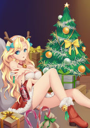 Rule 34 | 1girl, absurdres, aqua bow, aqua eyes, arm under breasts, armband, azur lane, bare shoulders, bell, blonde hair, boots, bow, box, breasts, can, candy, candy cane, choker, christmas ornaments, christmas tree, covered erect nipples, cross, dress, drink can, dropping, emile bertin (azur lane), fake antlers, food, foreshortening, fur-trimmed boots, fur trim, gift, gift bag, gift box, gradient background, green ribbon, hair bow, high heel boots, high heels, highres, indoors, jingle bell, knee up, large breasts, long hair, looking at viewer, nail polish, neck bell, no bra, on floor, open mouth, panties, pantyshot, parted bangs, pink nails, reclining, red armband, red dress, red footwear, ribbon, sitting, soda, soda can, solo, strapless, strapless dress, tareme, the hermit, thighs, tongue, two-tone dress, underwear, wavy hair, white dress, white panties, yellow ribbon