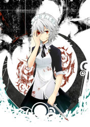 Rule 34 | 1girl, alternate costume, blood, female focus, gj (minoru), hand on another&#039;s face, hand on own face, izayoi sakuya, knife, maid, red eyes, solo, throwing knife, touhou, weapon, white hair