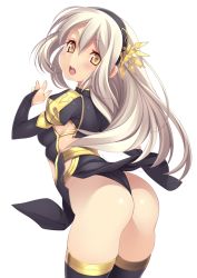 Rule 34 | 1girl, ass, black legwear, blonde hair, blush, hair ornament, kinoshita ichi, long hair, looking at viewer, looking back, open mouth, original, pelvic curtain, revealing clothes, revision, simple background, solo, white background, yellow eyes