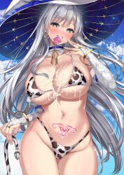 Rule 34 | 1girl, absurdres, anal tail, animal print, bangle, bare shoulders, bikini, blue choker, blue eyes, blush, bracelet, breasts, bridal gauntlets, cenangam, choker, cleavage, commission, condom, condom in mouth, condom wrapper, cow print, cowboy shot, cum, cum on body, cum on breasts, cum on upper body, detached collar, dungeon and fighter, earrings, fake tail, grin, hand up, hat, heart, heart-shaped pupils, highleg, highleg bikini, highres, jewelry, large breasts, long hair, looking at viewer, mouth hold, nail polish, navel, nose blush, second-party source, skindentation, smile, sohyeonja, solo, standing, stomach, stomach tattoo, strap gap, string bikini, swimsuit, symbol-shaped pupils, tail, tail removed, tattoo, thighs, very long hair, white bikini, white hair, white nails, witch hat