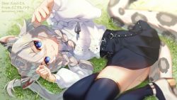Rule 34 | 1girl, animal ear fluff, animal ears, anywhere knock, bad id, bad pixiv id, black skirt, black thighhighs, blue eyes, braid, closed mouth, commentary request, commission, grass, hair between eyes, highres, indie virtual youtuber, leopard ears, leopard girl, leopard tail, long hair, long sleeves, looking at viewer, lying, mole, on side, paw pose, pleated skirt, puffy long sleeves, puffy sleeves, shirt, shoes, signature, silver hair, skeb commission, skirt, smile, solo, tail, thighhighs, twin braids, twitter username, wallpaper, white footwear, white shirt