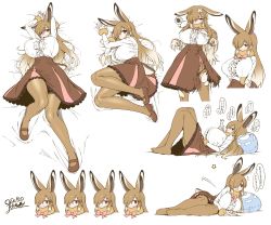 Rule 34 | 1girl, :&lt;, :3, absurdres, alternate breast size, animal ears, arms up, arrow (symbol), bandaid, bandaid on head, blush, bow, bowtie, breasts, brown footwear, brown hair, brown pantyhose, cellphone, center frills, center opening, character sheet, cleavage, closed mouth, commentary request, dakimakura (medium), dated, ears down, european hare (kemono friends), expressions, extra ears, frills, full body, fur-trimmed sleeves, fur collar, fur trim, hair over one eye, half-closed eye, hands up, high-waist skirt, highres, holding, holding phone, huge breasts, impossible clothes, impossible shirt, kemono friends, knees together feet apart, knees up, long hair, long sleeves, looking at viewer, looking down, looking to the side, lying, medium skirt, multicolored hair, multiple views, no shoes, on back, on side, open mouth, pantyhose, parted bangs, phone, pillow, rabbit ears, rabbit girl, rabbit tail, red eyes, shirt, shoes, sidelocks, signature, skindentation, skirt, smartphone, smile, spoken squiggle, squiggle, tail, torn clothes, torn legwear, torn shirt, translation request, two-tone hair, upper body, very long hair, white hair, white shirt, yoshida hideyuki