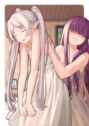 Rule 34 | 2girls, closed eyes, collarbone, drawing (object), drooling, elf, fern (sousou no frieren), frieren, grey hair, grimace, hair over eyes, highres, himmel (sousou no frieren), indoors, lifting person, long hair, mouth drool, multiple girls, nightgown, nonh (wormoftank), pointy ears, purple hair, shaded face, sleeping, sleepwear, sousou no frieren, straight hair, twintails, window