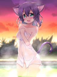 Rule 34 | 10s, 1girl, :d, animal ears, blush, breasts, cat ears, cat tail, cyan (show by rock!!), green eyes, highres, looking at viewer, naked towel, nekono matatabi, open mouth, partially submerged, purple hair, see-through, short hair, show by rock!!, smile, solo, steam, sunset, tail, towel, wading, water, wet