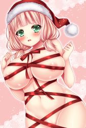 Rule 34 | 1girl, areola slip, areolae, asazuki kanai, bang dream!, bow, breasts, collarbone, cowboy shot, fur-trimmed headwear, green eyes, hat, large breasts, looking at viewer, low twintails, naked ribbon, navel, nipple slip, nipples, open mouth, pink background, pink hair, red ribbon, ribbon, santa hat, shiny, shiny skin, skindentation, solo, stomach, twintails, uehara himari