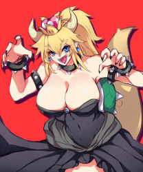 Rule 34 | 1girl, armlet, bare shoulders, black dress, black nails, blonde hair, borrowed design, bowsette, bracelet, breasts, cleavage, collar, collarbone, cowboy shot, crown, dress, earrings, fingernails, hair between eyes, hands up, horns, jewelry, large breasts, looking at viewer, mario (series), nail polish, negresco, new super mario bros. u deluxe, nintendo, open mouth, pointy ears, red background, sharp fingernails, sharp teeth, simple background, solo, spiked armlet, spiked bracelet, spiked collar, spiked shell, spiked tail, spikes, strapless, strapless dress, super crown, tail, teeth, thick eyebrows, transformation, turtle shell