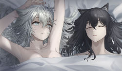 Rule 34 | 2girls, absurdres, animal ear fluff, animal ears, arknights, armpits, arms up, bed sheet, black hair, blanket, breasts, cleavage, closed mouth, collarbone, completely nude, closed eyes, from above, grey eyes, highres, lappland (arknights), long hair, looking to the side, lying, medium breasts, messy hair, multiple girls, nude, on back, on bed, parted lips, pillow, scar, scar across eye, scar on face, senkane, silver hair, sleeping, texas (arknights), under covers, wolf ears, yuri