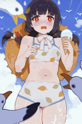 Rule 34 | 1girl, bare arms, bare shoulders, bikini, bird, black hair, blue archive, blue sky, blush, braid, breasts, chimjoljol (cute goblin), cowboy shot, day, food, halo, hat, hat on back, highres, ice cream, leaf, leaf on head, leaf print, long hair, looking at viewer, miyu (blue archive), miyu (swimsuit) (blue archive), navel, official alternate costume, open mouth, outdoors, print bikini, red eyes, seabird, seagull, sky, small breasts, standing, straw hat, sweat, swimsuit, twin braids, white bikini