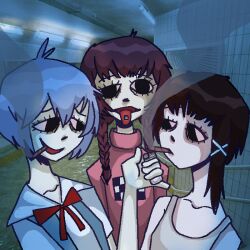 Rule 34 | 3girls, ahoge, artist request, asymmetrical hair, ayanami rei, backrooms (creepypasta), bare shoulders, black eyes, bloodshot eyes, blue hair, braid, brown hair, camisole, cigar, collarbone, dilated pupils, drugged, drugs, flood, hair between eyes, hair ornament, hairclip, iwakura lain, kebbyfish, lighter, long hair, long sleeves, looking at another, looking at object, looking at viewer, madotsuki, marijuana, mouth hold, multiple girls, neck ribbon, neon genesis evangelion, open mouth, pale skin, pill on tongue, pink sweater, pinky out, red ribbon, ribbon, school uniform, serial experiments lain, shirt, short hair, short sleeves, single sidelock, sleeveless, smile, smoke, smoking, suspenders, sweater, tokyo-3 middle school uniform, twin braids, unusually open eyes, upper body, water, white camisole, white shirt, x hair ornament, yume nikki