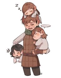 Rule 34 | 1boy, 3girls, armor, belt, black hair, black pants, bob cut, brown gloves, brown hair, carrying, carrying under arm, chilchuck tims, child, child carry, closed eyes, cropped legs, drooling, dungeon meshi, father and daughter, freckles, fullertom (dungeon meshi), gloves, green scarf, halfling, head on chest, head tilt, highres, korean commentary, laughing, leather armor, long hair, mayjack (dungeon meshi), medium hair, multiple girls, on head, p1ngd0, packpatty (dungeon meshi), pants, person on head, scarf, shirt, short hair, sidelocks, sigh, simple background, sleeping, sleeping upright, sleepwear, sleeves rolled up, white background, white shirt, zzz
