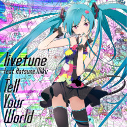 Rule 34 | 1girl, aqua hair, colorful, hatsune miku, long hair, looking at viewer, mebae, purple eyes, solo, stained glass, tell your world (vocaloid), thighhighs, twintails, very long hair, vocaloid, zettai ryouiki