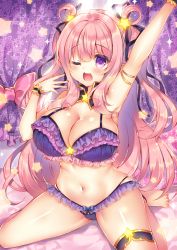 Rule 34 | 1girl, ;d, arm up, armpits, bare shoulders, barefoot, bow, bra, breasts, cleavage, commentary request, curtains, detached collar, frilled bra, frilled panties, frills, hair ornament, hair rings, hand up, hatsune (princess connect!), highres, large breasts, lingerie, long hair, looking at viewer, navel, one eye closed, open mouth, panties, pink bow, pink hair, princess connect!, princess connect!, purple bra, purple eyes, purple panties, sitting, skindentation, smile, solo, star (symbol), star hair ornament, stomach, suzunone rena, thighs, two side up, underwear, underwear only, very long hair, wariza