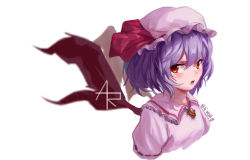 Rule 34 | 1girl, bat wings, breasts, brooch, commentary request, cropped torso, dress, frilled shirt collar, frills, hair between eyes, hat, hat ribbon, highres, jewelry, light purple hair, looking at viewer, mao wei du jiao shou, open mouth, pink dress, pink hat, puffy short sleeves, puffy sleeves, red eyes, red ribbon, remilia scarlet, ribbon, short hair, short sleeves, simple background, small breasts, solo, touhou, upper body, v-shaped eyebrows, white background, wings