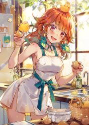 Rule 34 | 1girl, alternate costume, apron, bird, blush, breasts, chick, cracked egg, earrings, egg, feather earrings, feathers, gradient hair, green eyes, hieihirai, highres, hololive, hololive english, jewelry, kitchen, medium breasts, multicolored hair, naked apron, open mouth, orange hair, purple eyes, see-through, sideboob, solo, sweatdrop, takanashi kiara, virtual youtuber