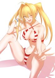 Rule 34 | &gt;;d, 10s, 1girl, ;d, ahoge, bad id, bad twitter id, bare shoulders, bead bracelet, beads, bikini, blonde hair, blush, bracelet, breasts, cleavage, collarbone, commentary request, earrings, elbow on knee, fate/extra, fate/grand order, fate (series), green eyes, hair intakes, halterneck, highres, jewelry, knees up, large breasts, legs, long hair, looking at viewer, navel, nero claudius (fate), nero claudius (fate) (all), nero claudius (swimsuit caster) (fate), one eye closed, open mouth, red bikini, shadow, simple background, sitting, smile, solo, striped bikini, striped clothes, swimsuit, twintails, ulrich (tagaragakuin), v, v-shaped eyebrows, white background
