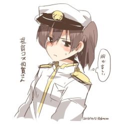 Rule 34 | 1girl, admiral (kancolle) (cosplay), admiral (kancolle), alternate costume, bad id, bad twitter id, black eyes, blush, brown hair, cosplay, hat, kaga (kancolle), kantai collection, lowres, military, military uniform, rebecca (keinelove), short hair, side ponytail, solo, sweatdrop, translated, uniform
