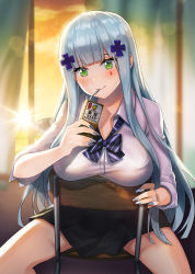 Rule 34 | 1girl, black skirt, blue hair, blush, bow, bowtie, breasts, chair, drink, girls&#039; frontline, green eyes, highres, hk416 (girls&#039; frontline), indoors, juice box, large breasts, long hair, looking at viewer, noixen, school chair, school uniform, shirt, sitting, skirt, smile, solo, spread legs, white shirt