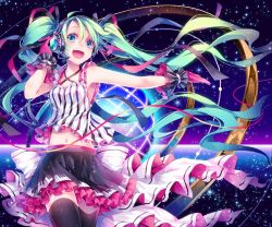 Rule 34 | 1girl, gloves, green eyes, green hair, hatsune miku, headphones, headset, kina (446964), long hair, matching hair/eyes, midriff, navel, open mouth, outstretched arm, piano print, skirt, solo, thighhighs, twintails, very long hair, vocaloid