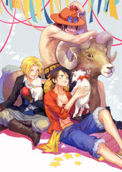 Rule 34 | 3boys, achyue, apple, bell, belt, blonde hair, boots, bow, bracelet, brothers, ascot, food, freckles, fruit, gloves, goat, hat, horns, indian style, jacket, jewelry, long sleeves, male focus, monkey d. luffy, multiple boys, necklace, one piece, open clothes, open shirt, portgas d. ace, red shirt, sabo (one piece), sandals, sash, scar, sheep, shirt, topless male, shorts, siblings, sitting, smile, stampede string, straw hat, streamers
