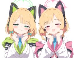 Rule 34 | 2girls, absurdres, animal ears, blonde hair, blue archive, blue necktie, blush, bow, closed mouth, collared shirt, fake animal ears, green bow, green eyes, green halo, hair bow, halo, highres, jacket, long sleeves, looking at viewer, midori (blue archive), momoi (blue archive), multiple girls, necktie, open clothes, open jacket, rabbit ears, shirt, short hair, siblings, simple background, sisters, smile, twins, upper body, white background, white jacket, white shirt, wide sleeves, yukisiannn