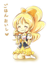Rule 34 | 10s, 1girl, akihara ryou, blonde hair, blush, boots, bowl, brooch, chopsticks, closed eyes, cure honey, earrings, eating, food, full body, hair ornament, hair ribbon, happinesscharge precure!, heart, heart brooch, high heels, jewelry, knee boots, kneehighs, long hair, magical girl, oomori yuuko, ponytail, precure, puffy sleeves, ribbon, rice, rice bowl, shirt, simple background, sitting, skirt, socks, solo, translation request, vest, white background, wide ponytail, yellow skirt