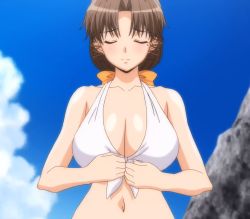 Rule 34 | 1girl, bikini, braid, breasts, brown hair, cleavage, clothes pull, closed eyes, front-tie bikini top, front-tie top, hair ribbon, highres, large breasts, mature female, mature female, mole, moroboshi kyouko, navel, ribbon, screencap, smile, solo, stitched, sweet home, swimsuit, third-party edit