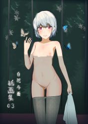 Rule 34 | 1girl, absurdres, albino, black pantyhose, blue butterfly, blush, breasts, bug, butterfly, chinese text, chipcat, clothes pull, unworn clothes, collarbone, exhibitionism, feet out of frame, fence, highres, holding, holding clothes, insect, leaf, looking at viewer, navel, nipples, no pussy, nude, original, outdoors, pantyhose, pantyhose pull, parted lips, plant, public indecency, purple eyes, shadow, short hair, silver hair, small breasts, smile, solo, standing, sunlight, tagme, translation request, undressing