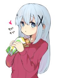 Rule 34 | 1girl, :t, blue eyes, commentary request, eating, food, gochuumon wa usagi desu ka?, hair between eyes, hair ornament, heart, highres, holding, holding food, houjichaoic, kafuu chino, long hair, long sleeves, looking at viewer, red shirt, shirt, silver hair, simple background, solo, upper body, very long hair, white background, x hair ornament