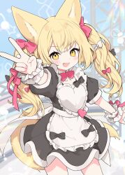 Rule 34 | 1girl, animal ears, apron, black bow, black dress, blonde hair, bow, cowboy shot, dress, fox ears, fox girl, fox tail, frilled apron, frills, hair bow, highres, kamiyoshi rika, light blush, long hair, looking at viewer, open mouth, original, outstretched arm, red bow, smile, solo, tail, twintails, v, white bow, yellow eyes