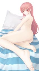 Rule 34 | 1girl, ass, barefoot, bed, blush, breasts, from behind, long hair, looking at viewer, looking back, lying, nude, pillow, red eyes, red hair, small breasts, smile, tonikaku kawaii, white background, yuzaki tsukasa