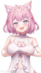 Rule 34 | 1girl, artist name, breast hold, breasts, cleavage, cleavage cutout, clothing cutout, hakui koyori, highres, hololive, looking at viewer, medium breasts, open mouth, pink hair, purple eyes, smile, solo, suicabar72, virtual youtuber