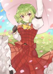 Rule 34 | 1girl, arm up, ascot, belt, black belt, blue sky, breasts, brown gloves, buttons, cloud, cloudy sky, collared shirt, commentary request, flower, frills, gloves, grass, green hair, hair between eyes, hands up, highres, holding, holding umbrella, juliet sleeves, kazami yuuka, long sleeves, looking to the side, medium breasts, one-hour drawing challenge, open mouth, pantyhose, petals, pink flower, plaid, plaid skirt, plaid vest, puffy long sleeves, puffy sleeves, red eyes, red skirt, red vest, rin (yukameiko), shirt, short hair, skirt, sky, smile, solo, standing, touhou, umbrella, vest, white flower, white shirt, yellow ascot