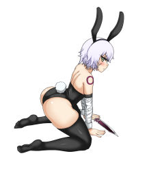 Rule 34 | 1girl, all fours, alternate costume, animal ears, arched back, asortofcolorfag, ass, bandaged arm, bandages, bare shoulders, black leotard, black thighhighs, blush, curvy, fake animal ears, fate/apocrypha, fate (series), from side, full body, green eyes, highleg, highleg leotard, highres, huge ass, jack the ripper (fate/apocrypha), kneeling, knife, leotard, light purple hair, looking at viewer, looking to the side, no shoes, playboy bunny, profile, rabbit ears, rabbit tail, ringed eyes, scar, scar on face, short hair, simple background, solo, stitches, tail, the golden smurf, thighhighs, weapon, white background, wrist cuffs