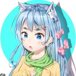 Rule 34 | 1girl, :o, animal ear fluff, animal ears, arm up, artist name, blue eyes, blue hair, blush, bow, cat ears, chestnut mouth, chinese commentary, commentary request, fang, green scarf, hair ornament, hairclip, hand on own chest, hbb, long hair, looking at viewer, open mouth, original, pink hair, scarf, shirt, solo, striped, striped bow, thick eyebrows, tongue, very long hair, white stripes, yellow shirt