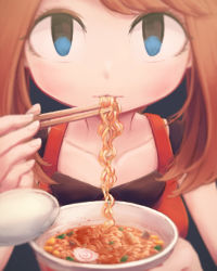 Rule 34 | 1girl, backpack, bag, blue eyes, blurry, bowl, brown hair, chopsticks, commentary request, creatures (company), cup ramen, eating, food, food in mouth, game freak, hand up, holding, holding bowl, kamaboko, looking at viewer, makaroll, may (pokemon), may (pokemon oras), narutomaki, nintendo, noodles, pokemon, pokemon oras, ramen, solo, upper body, wide face