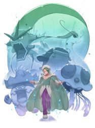Rule 34 | 1boy, absurdres, cape, closed mouth, collarbone, commentary request, creatures (company), game freak, gen 1 pokemon, gen 3 pokemon, green eyes, green hair, green shirt, grey footwear, gyarados, hat, highres, long hair, long sleeves, looking at viewer, ludicolo, male focus, milotic, nintendo, odd (hin yari), pants, pokemon, pokemon (creature), pokemon rse, purple pants, shirt, shoes, tentacruel, v-neck, wailord, wallace (pokemon), whiscash, white cape, white headwear