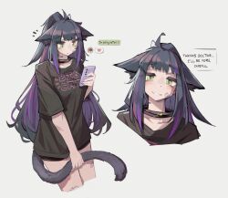 Rule 34 | 1girl, absurdres, animal ears, arknights, bandaid, bandaid on face, bandaid on leg, black choker, black hair, black shirt, cat ears, cat girl, cat tail, cellphone, choker, collarbone, commentary, cropped legs, cropped torso, english commentary, green eyes, highres, holding, holding own tail, holding phone, jessica (arknights), jessica the liberated (arknights), long hair, looking at viewer, nail polish, parted lips, phone, ponytail, purple nails, scrape, shirt, short sleeves, smartphone, smile, solo, tail, togekk0, upper body, white background