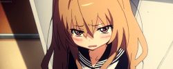 Rule 34 | 1girl, aisaka taiga, animated, animated gif, blush, brown eyes, brown hair, classroom, embarrassed, from above, indoors, long hair, looking at viewer, looking down, looking up, lowres, sailor collar, school, school uniform, solo, toradora!, watermark, wavy hair