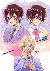 Rule 34 | 1boy, 1girl, ?, ??, arrow through heart, blonde hair, blue eyes, blue jacket, blush, brown eyes, brown hair, collared shirt, covering own mouth, crossdressing, dress, dual persona, fujioka haruhi, hair between eyes, hand on own chest, hand over own mouth, highres, jacket, looking at viewer, neck ribbon, necktie, open mouth, ouran high school host club, ouran high school uniform, pink ribbon, puffy sleeves, ribbon, school uniform, shirt, short hair, smile, sparkle, striped necktie, suou tamaki, suzuki (2red moon3), sweat, white shirt, yellow dress