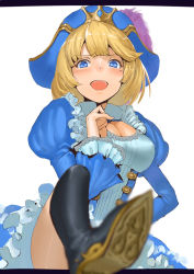 Rule 34 | 1girl, awilda (p&amp;d), blonde hair, blue eyes, boots, cleavage cutout, clothing cutout, foreshortening, hand on own hip, hat, jyon, letterboxed, looking at viewer, mole, open mouth, pirate, pirate hat, puzzle &amp; dragons, smile, solo