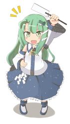 Rule 34 | 1girl, ankle boots, arm up, blush, blush stickers, boots, chibi, detached sleeves, female focus, frog hair ornament, full body, gohei, green eyes, green hair, hair ornament, hand on own hip, highres, jewelry, kochiya sanae, long hair, long sleeves, looking at viewer, matching hair/eyes, necklace, no socks, oonusa, open mouth, shadow, simple background, skirt, snake, solo, standing, symposium of post-mysticism, tongue, touhou, white background, wide sleeves, yamase